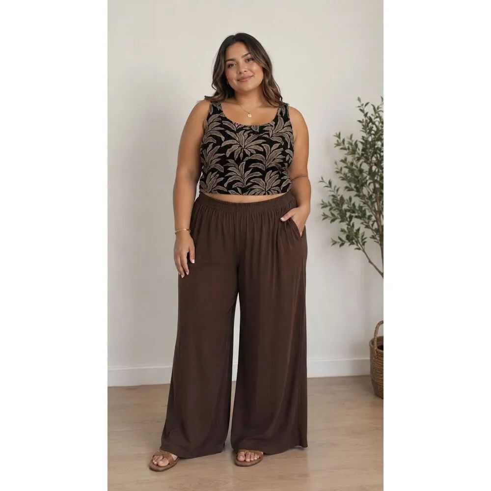 Rachel Zoe 100% Linen XL Brown & Black Leaf Print Sleeveless Crop top #200